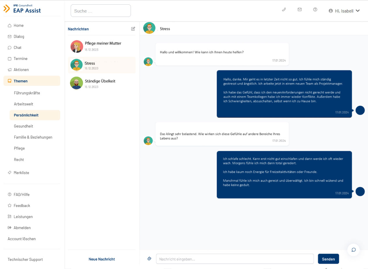 mein.eap-assist Screen Nachrichtenanzeige